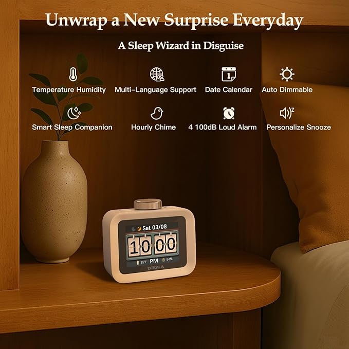 Dekala AuraDot White Noise Sound Machine for Sleep w/Temperature Humidity Monitor, 30 Non-Loop Soothing Sounds, Timer/Play All Night, IPS Screen Sleep Animation, 7-Day Programmable 4 Alarm Clock