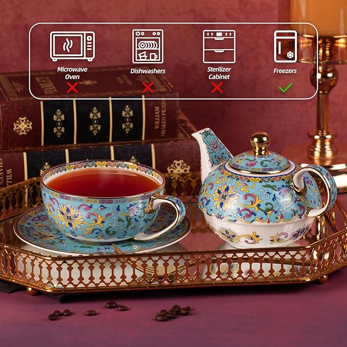 Tea for One, Porcelain Teapot and Cup Set, Vintage Tea Pot and Saucers Set, Ceramic Tea Set for Tea Party, Office and Home, Lake Blue Tea Cups and Saucer Set for Coffee, Cappuccino, Tea - Bloomnest