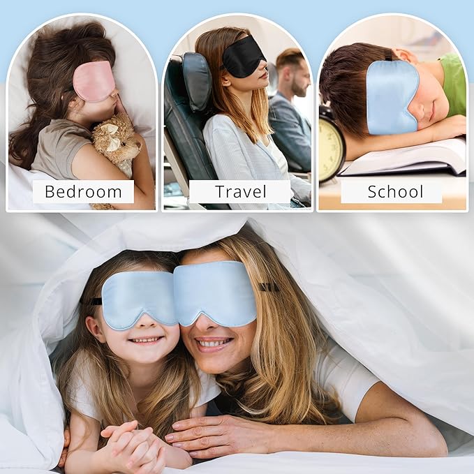 100% Real Natural Silk Eye Mask for Sleeping with Adjustable Strap, 100% Silk Filling Blindfold, Eye Shade for Kids/Teens/Adults, Sleeping Masks for Family (2 Blue) - Bloomnest