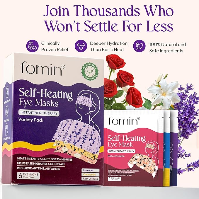 Fomin Self Heating Eye Mask- 6 Pack - Variety Pack Heated Eye Mask Warm Compress for Eyes, Disposable Self Heating Steam Mask for Home, Sleep, Spa, Relaxation & Valentine's Day Gifts for Women