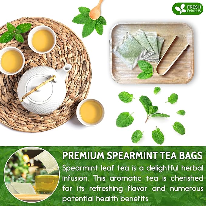 FreshDrinkUS, Premium 45 Spearmint Tea Bags, 100% Natural Spearmint Leaves. Loose Leaf Spearmint Herbal Tea. Spearmint Leaf Tea. No Sugar, No Caffeine, No Gluten, Vegan. - Bloomnest