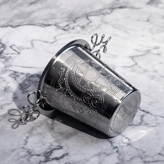 Luxury Tea Strainer Basket Gift Set - Gold Plated Infuser with Engraved Floral Motifs, Crystal Accent Chain for Loose Leaf Tea, Fine Mesh Filter & Ergonomic Handle