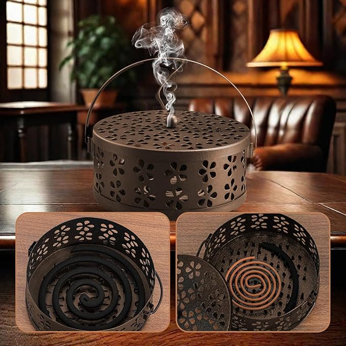 (2Pack,Bronze) Retro Portable Iron Mosquito Coil Holder with Handle Round Fireproof Incense Holder for Home Office. - Bloomnest