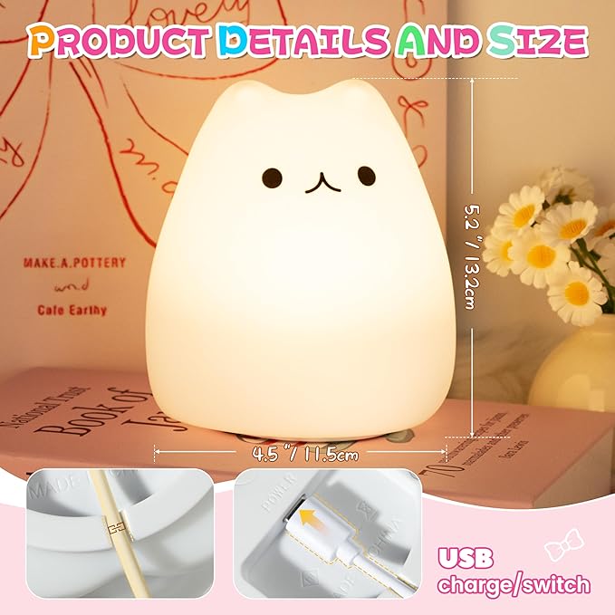 Night Light for Kids, Rechargeable Dimmable Silicone LED Nightlight with 7 Colors, Baby Nursery Night Lamp, Touch Squishy Lamp, Cute Gifts for Girls, Boys, Toddler Room Decor, Cat - Bloomnest