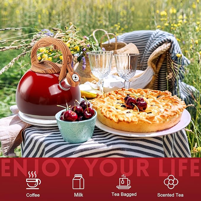GGC Tea Kettle for Stove Top, 3.1QT/3L Whistling Tea Kettles for Boiling Water Coffee or Milk, Gradient Red Pot with Wood Parttern Handle, Stainless Steel Kettle Pot for Home and Kitchen - Bloomnest