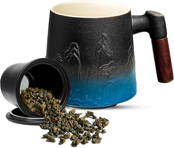 suyika Ceramic Tea Cup with Infuser and Lid, Gradient Embossed Large Tea Mug Wooden Handle for Steeping Loose Leaf, Tea Lover Gifts 15.2 oz / 450 ml,Black & Cyan