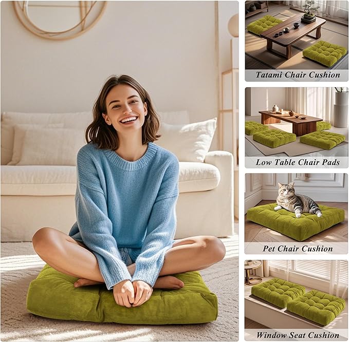 Meditation Floor Pillow 22×22 Inch 1 Pack Large Floor Cushions for Adults Square Tufted Corduroy Floor Pillows for Yoga Living Tatami Room Green - Bloomnest