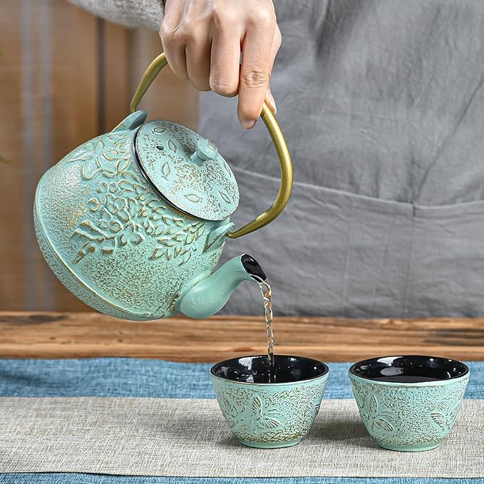 Sungmor Cast Iron Japanese Tetsubin Tea Kettle with Infuser - Stovetop Safe, Enameled Interior - 32 Ounce Light Green Teapot with Salix Leaf Pattern - Bloomnest