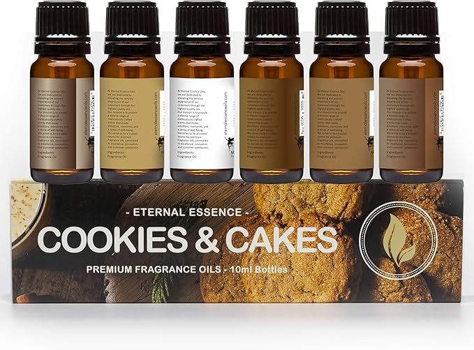 Eternal Essence Oils Cookies & Cakes Set of 6 Premium Fragrance Oils - Includes Caramel Nut Muffin, Oatmeal Cookie Dough, Malibu Rum Cupcakes, Maple Pecan, Snickerdoodle, and Cinnabon - 10ML - Bloomnest