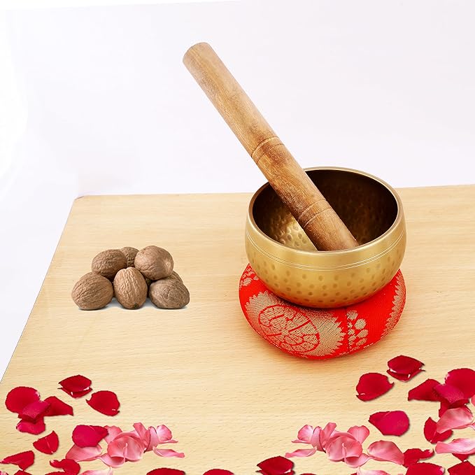 Indian Consigners Tibetan Singing Bowl Set – 3.5-Inch Medium Brass Meditation Sound Bowl with Wooden Mallet & Silk Cushion – Handmade in Nepal for Yoga, Mindfulness & Chakra Healing VisitIndianConsigners