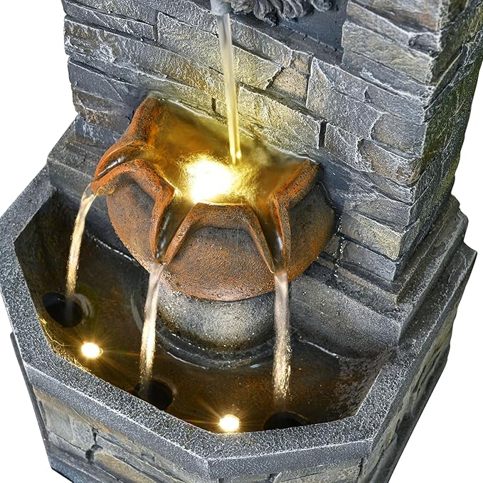32.28'' Outdoor Garden Floor-Standing Water Fountain Lion Head Stone with Lights Outdoor Waterfall for Patio, Backyard, Deck, Porch and Home Art Decor