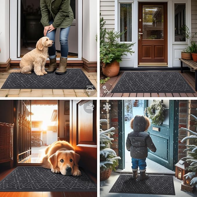 Smiry Front Door Mat Outside Entrance, Heavy Duty Sturdy Natural Rubber Doormat, Trap Dirt and Moisture, Easy Clean Low Profile Mats for Indoor Outdoor Entry, Grid Geometric (71x47, Grey) - Bloomnest