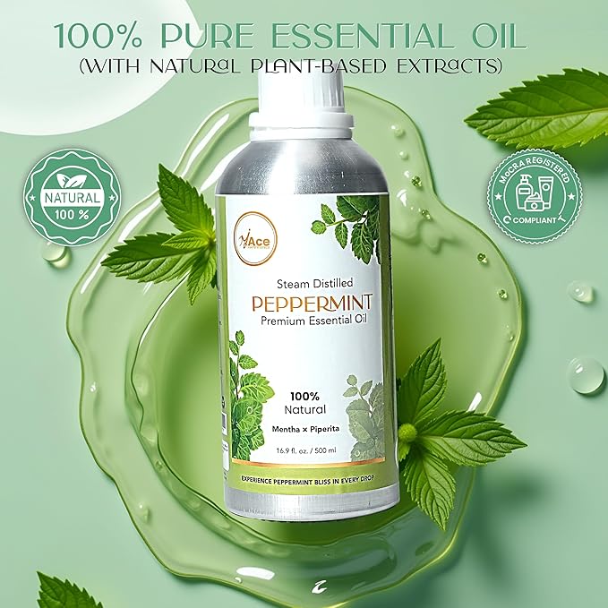 MyAce Peppermint Essential Oil – 100% Pure & Natural, Steam-Distilled Oil for Diffuser, Aromatherapy, Skin Care, Hair, DIY Projects & Home Fragrance - 16 fl oz MyAce