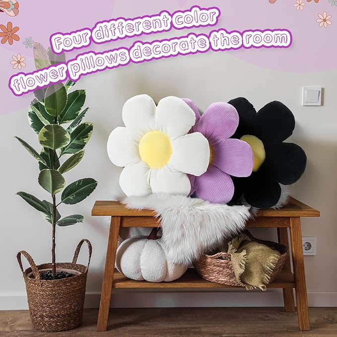 Reginary 4 Pcs Flower Floor Pillows Cute Plush Flower Throw Pillows Daisy Floor Seat Cushion Chair Pads for Christmas First Day of School for Sofa Couch Bed Decor(15 Inch,Black, White, Purple) - Bloomnest