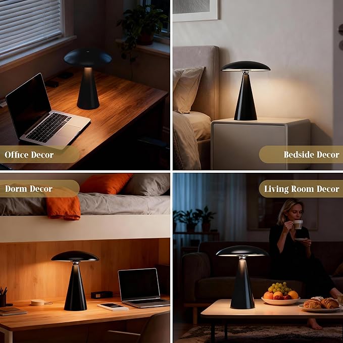 Mushroom Aesthetic Cute Lamp,Magnetic Mid Century Modern Lamp with 3-Mode Lighting for Unique Home Mushroom Decor,Cordless USB Rechargeable Lamps for Bedside/Dorm/Office/Entryway Decor(Black) - Bloomnest