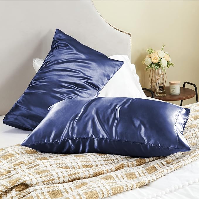 BEDELITE Satin Pillowcase for Hair and Skin, Super Soft and Cooling Similar to Silk Pillow Cases 2 Pack with Envelope Closure, Gift for Women Men(13"x18" Toddler Size, Navy) - Bloomnest