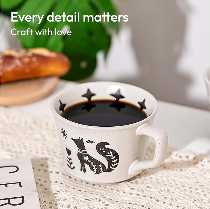 Ceramic Coffee Mug, 12 oz Novelty Unique Teacup with Handle, Stoneware Cup for Tea Mocha Latte Cappuccino Espresso (Set of 2, Fox and Bear) - Bloomnest