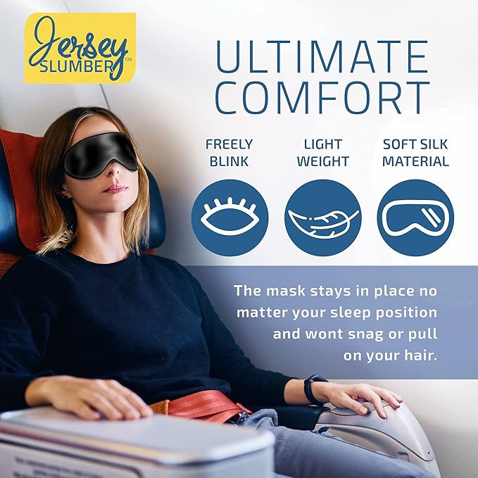 Silk Sleep Eye Mask for Men Women, Comfortable Super Soft Eye Mask with Adjustable Strap, 100% Pure Silk, Blocks Light, Jersey Slumber (Black, 1 Count (Pack of 2)) - Bloomnest