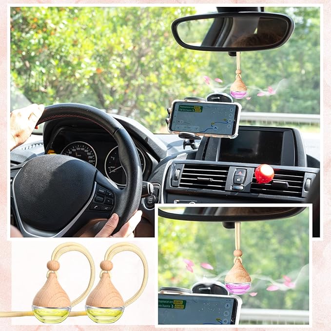 Rtteri 100 Pcs Hanging Car Air Freshener Diffuser Bottles Empty Glass Perfume Diffuser Vials Refillable Oil Aromatherapy Pendant with Wooden Caps and Hanging String for Car Home Office Decor(Drop) - Bloomnest