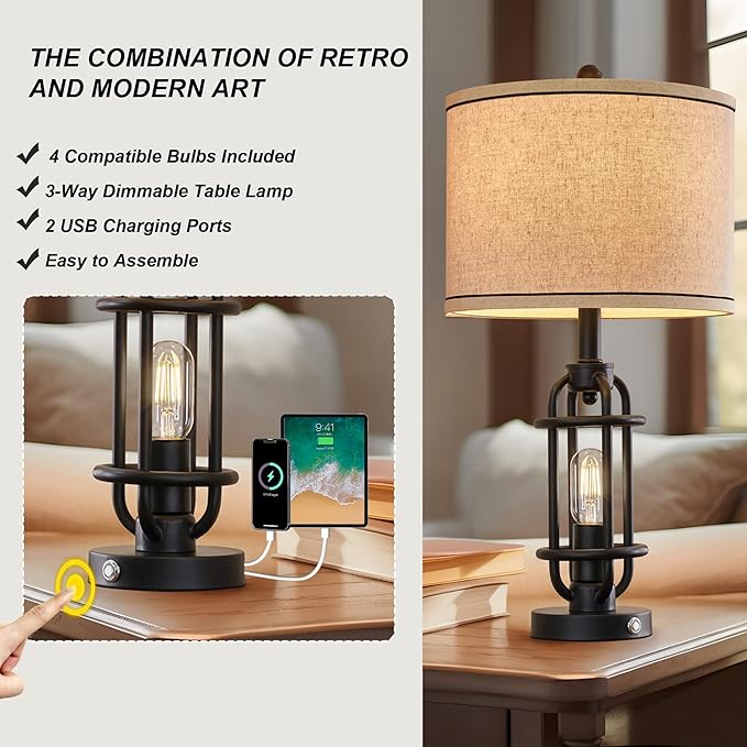 23.75'' Industrial Black Metal Table Lamps Living Room Lamp for Nightstand Bedroom lamps Set of 2 Bedside End Side Table Lamps Home Decor Touch Lamp Modern Lamps With USB Port, Bulbs Included - Bloomnest