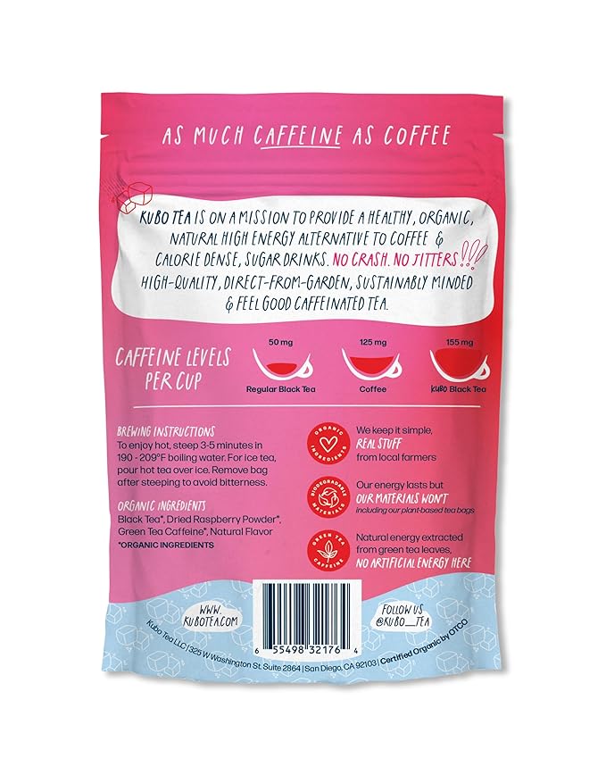Kubo Tea Organic High Energy Iced Tea - High Caffeine Raspberry Blend - Healthy Coffee Substitute w/ 20 Servings (155mg Caffeine each) - Great for Hot & Cold Brew, Pillow Bags, Compostable Packaging - Bloomnest