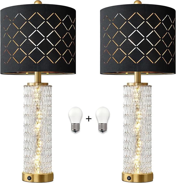 Oneach 27.75" Modern Table Lamps Set of 2, Gold Bedside Lamp with Crystal Nightlight, USB A+C, Black Grid Shade, Unique Desk Lamps for Living Room, Bedroom, Nightstand, End Table (2 Bulbs Included) - Bloomnest