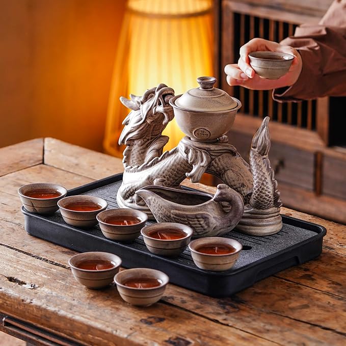 Ceramic Teapot with Infuser Semi Automatic Tea Set Magic Teapot with 8 cups Gradient Color (Retro Dragon- A) - Bloomnest