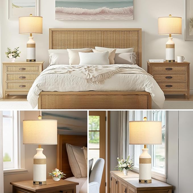 Boho Rattan Table Lamps for Bedroom Nightstand 26" Farmhouse Bedside lamp Set of 2 with USB C+A Ports & AC Outlet,3-Way Dimmable Touch Control Vintage Lamps for Living Room(Include Bulbs) - Bloomnest