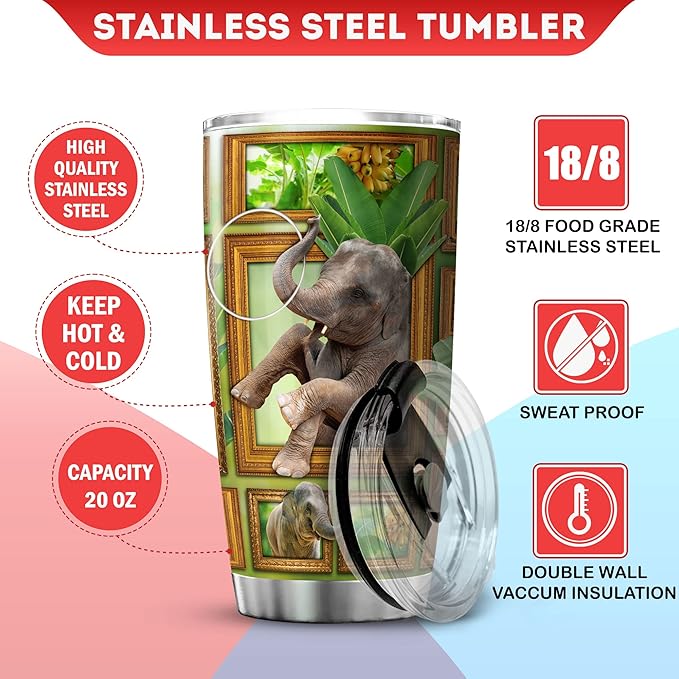 Elephant Tumbler With Lid 20 Oz Cute Elephants Gifts For Women Stainless Steel Travel Cup With Animal Funny Elephant Items For Elephant Lovers Insulated Coffee Mug For Her - Bloomnest