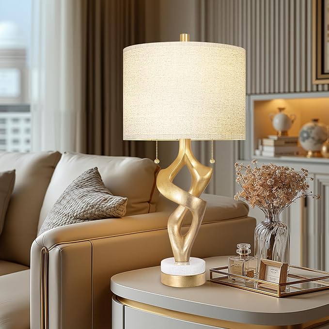 Scenekoy Sculptural Table Lamp Set of 2 with USB Ports for Bedroom Living Room, 26” Gold Leaf Marble Base Bedside Lamps, Pull Chains Switch Modern Nightstand Lamp for Home Room Decor (Bulbs Included) - Bloomnest