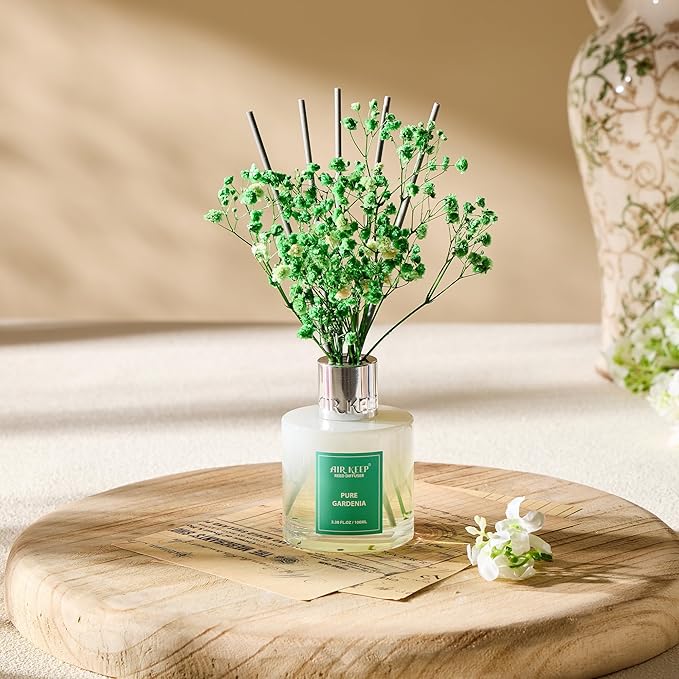 Airkeep Reed Diffuser Set,3.38 fl oz (100 ml) - Pure Gardenia Oil Diffusers with 8 Reed Sticks, Home Fragrance Reed Diffuser for Bathroom Shelf Decor - Bloomnest