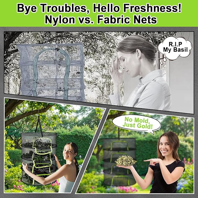 LUKETURE 4-Layer Hanging Herb Dryer Rack - with U-Zipper Mesh Net & Hook, Foldable Collapsible Drying Rack for Plants, Herbs, Flowers, Fish, Jerky, Laundry - Bloomnest