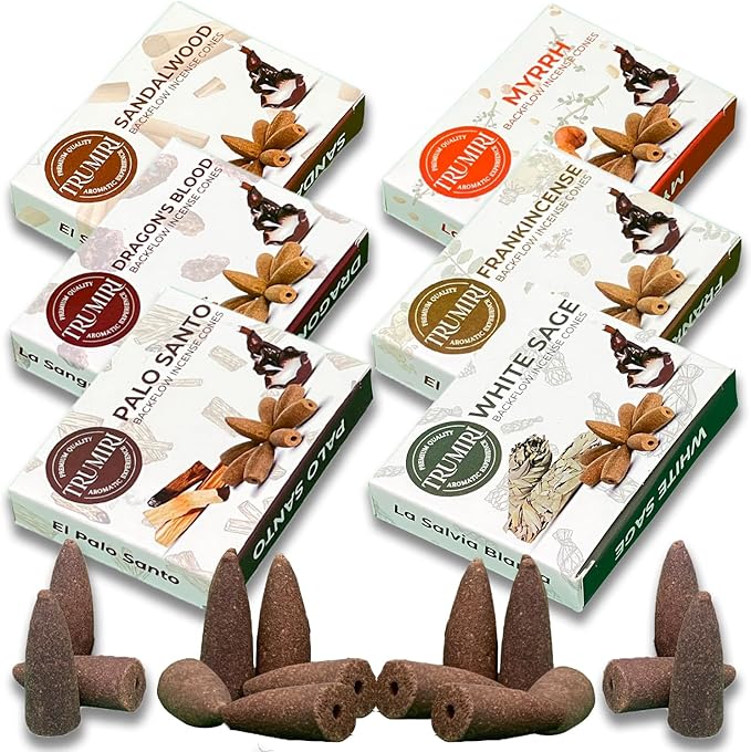 Woody - Backflow Incense Cones for Waterfall - Scented Inscents-Cones - Sandalwood, Dragons Blood, Palo Santo, White Sage - Insiensos Aromaticos - 6x10=60 Large Variety Pack - Back Flow Down Reverse TRUMIRI
