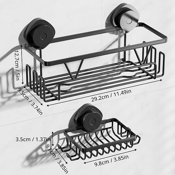 KEGII Suction Cup Shower Caddy, 2 Pack Shower Suction Shelf with Soap Holder & Hooks, No Drilling Bathroom Organizer, Stainless Steel Shampoo Holder for Bathroom Storage Basket, Black - Bloomnest