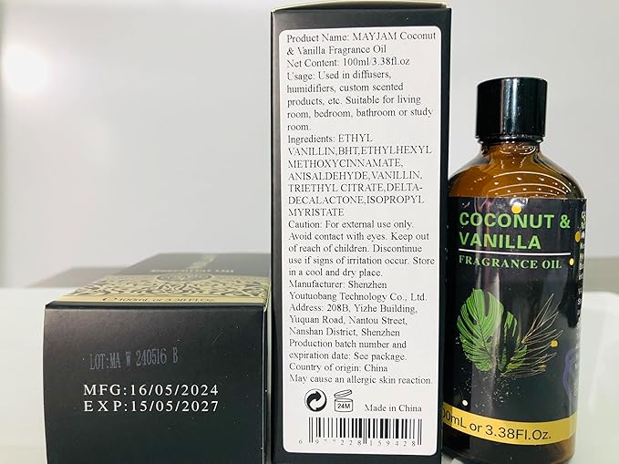 MAYJAM 100ML/3.38FL.OZ Coconut & Vanilla Fragrance Oils with Glass Dropper, Essential Oils for Diffusers for Home, Long Lasting Scented Oils for Diffusers Soap Candle Making - Bloomnest