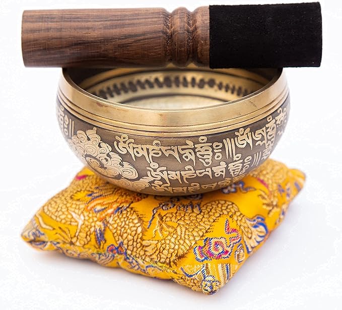 Tibetan Singing Bowl Set – Bronze Master Grade with Pure Tone & Thangka Art – Handmade in Nepal by Himalayan Bazaar (Gold & Yellow) - Bloomnest
