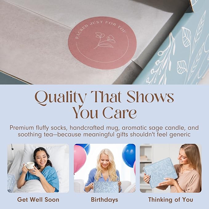 Unboxme Get Well Gift Box - USDA Organic Get Well Soon Self Care Package for Women | Fluffy Socks, Mug, Lemon & Ginger Tea Set, Sea Salt, Sage Scented Candle, Sending Hugs Card | Feel Better Basket - Bloomnest