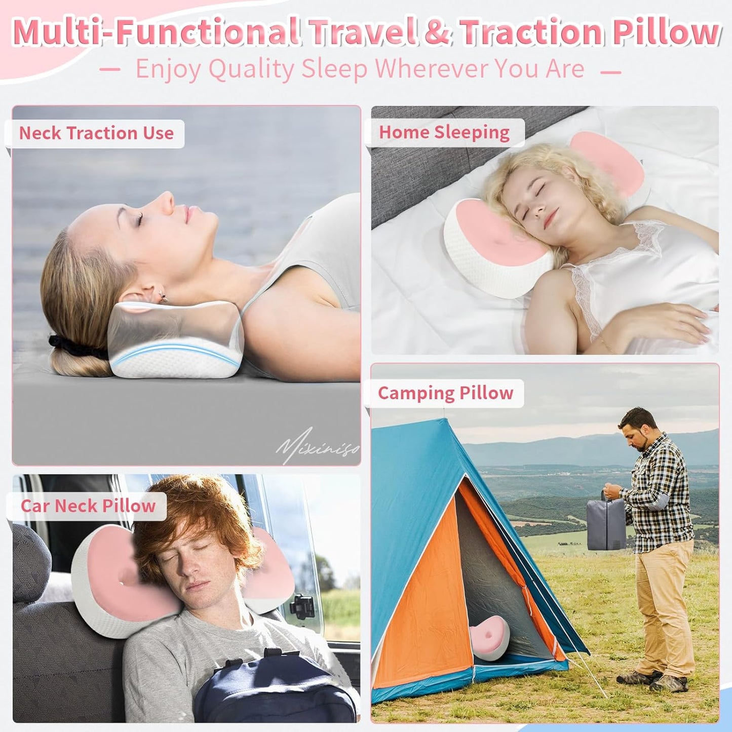 Neck Support Pillow, Cervical Neck Roll Memory Foam Pillow, Cervical Traction Device, Neck Pillow for Side Sleepers, Camping & Travel Pillow with Portable Bag