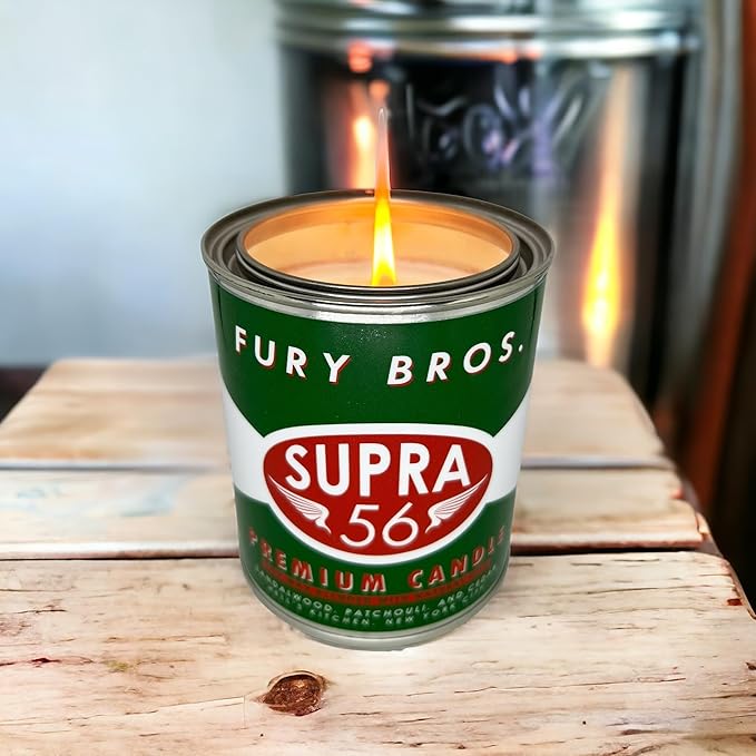 Fury Bros. Scented Candles for Men | Supra 56 | Sandalwood Patchouli Cedar | Natural Soy Wax | Hand-Poured in The USA | Long 70-80 Hour Burn (12.5 oz) | Vintage-Inspired Tin Design | Dad Home Gift - Bloomnest