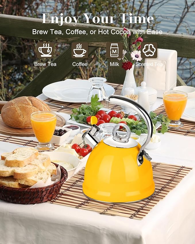 Harriet Tea Kettle Stovetop, 2.5 QT Whistling Stainless Steel Teapot, 3-Layer Base, Unique Ergonomic Handle, Includes Pot Holder & Mat, Electric/Induction/Gas Stovetops Applicable, Yellow - Bloomnest