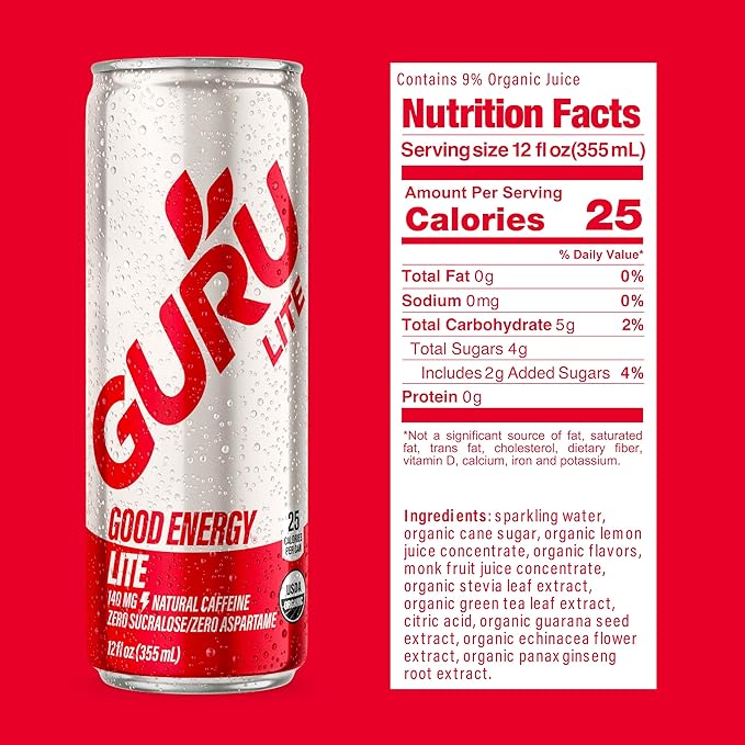GURU Lite Organic Energy Drinks, Clean Energy Drink with Plant Based Natural Caffeine from Green Tea, Low Calorie, Gluten Free and Vegan, 140MG Caffeine, Healthy Drinks, 12oz (Pack of 24) - Bloomnest
