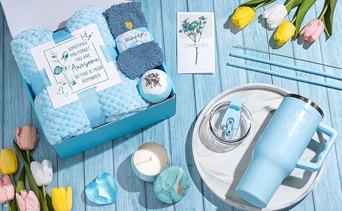 Birthday Gifts for Women Self Care Get Well Soon Gifts, Ocean Relaxing Spa Kit Bath Gift Basket Care Package w/ Flannel Blanket 40 OZ Tumbler, Valentines Day Gift for Her Wife Mom Girlfriend Sister - Bloomnest