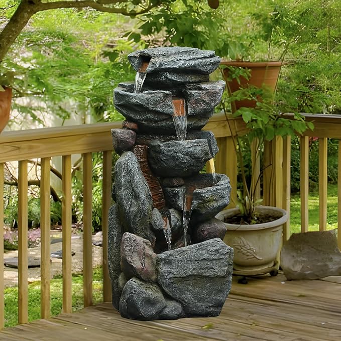 The 5-Tiered Rock Water Fountain Outdoor&Indoor, 31.5’’H Floor-Standing Garden Fountains, Stone Feature and Waterfall with Lights for Patio, Backyard, Deck, Porch, Home DéCor, Gray - Bloomnest