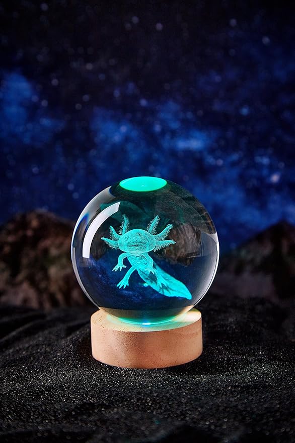 3D Large Axolotl Crystal Ball Night Light with Wooden Base, Crystal Lamp Gift for Kids Wife Friends, 16 Color Changing with Remote Control, Laser Engraved 3.15 inch Glass Ball Lamp (Axolotl) - Bloomnest