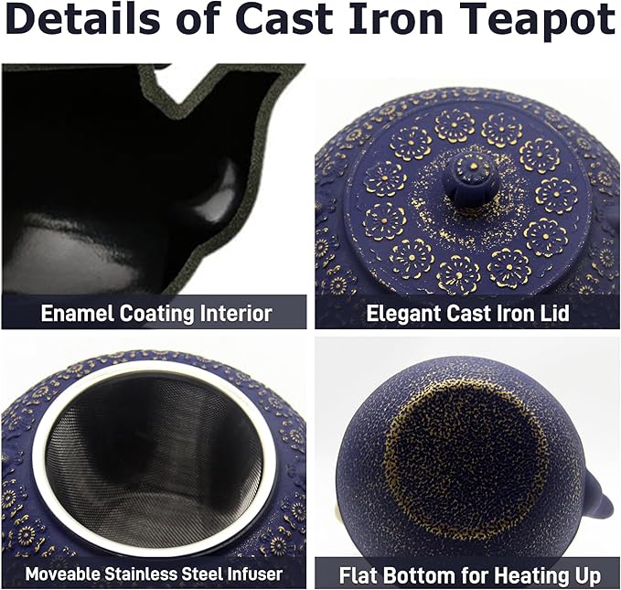 33.8oz Small Cast Iron Tea Kettle for Stovetop, Japanese Tetsubin Tea Pot Coated with Enameled Interior, Durable Cast Iron Teapot with Stainless Steel Infuser for Loose Tea and Tea Bags(1000ml) - Bloomnest