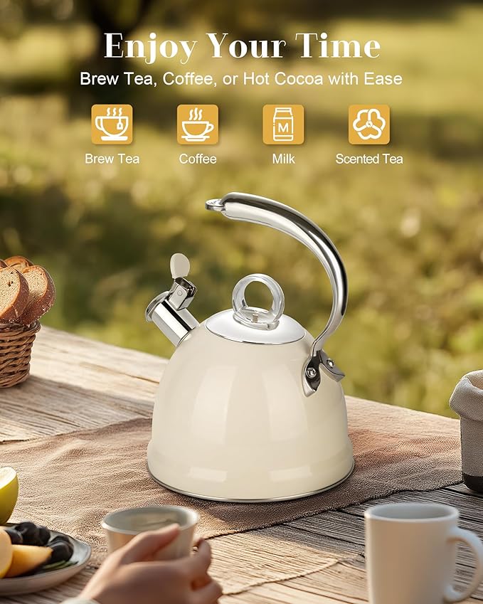 Harriet Tea Kettle Stovetop, 2.5 Quart Whistling Stainless Steel Tea Pot, 3-Layer Base, Unique Ergonomic Handle, Includes Pot Holder & Mat, Electric/Induction/Gas Stovetops Applicable, Beige White - Bloomnest