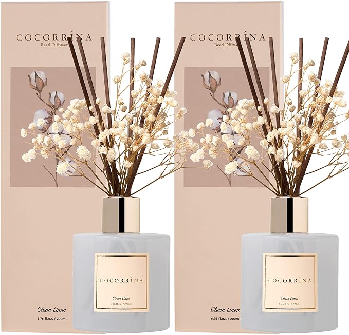 Cocorrína Reed Diffuser Set, 6.7 fl.oz Clean Linen 2 Packs Scented Diffuser with Sticks Home Fragrance Reed Diffuser for Bathroom Shelf Decor - Bloomnest