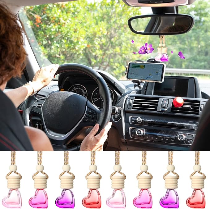 Rtteri 100 Pcs Hanging Car Air Freshener Diffuser Bottles Empty Glass Perfume Diffuser Vials Refillable Oil Aromatherapy Pendant with Wooden Caps and Hanging String for Car Home Office Decor(Heart) - Bloomnest