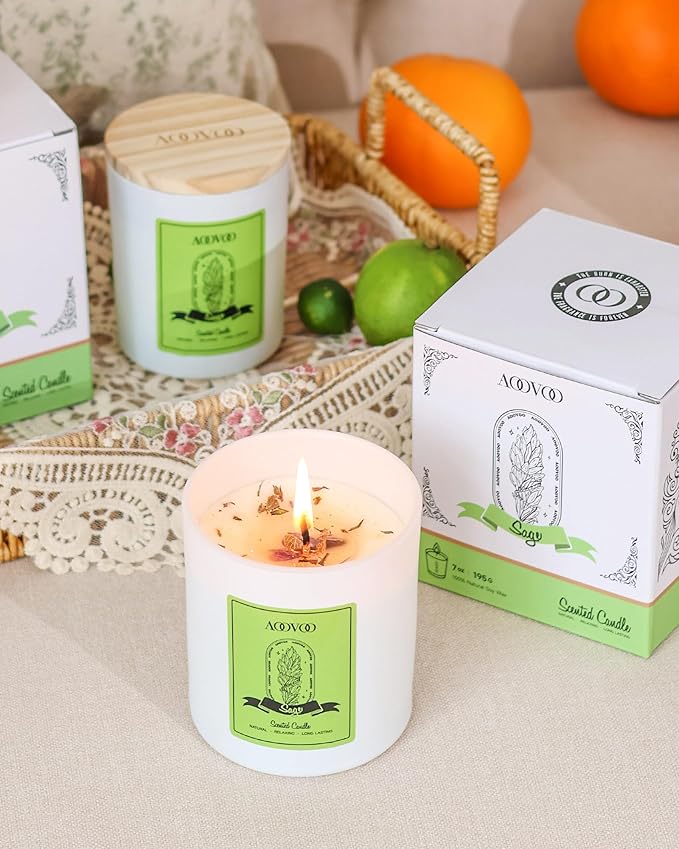 AOOVOO Sage Scented Candles for Women - Aromatherapy Candle with Crystals Inside, 10oz Soy Candles for Home Scented, Birthday Gifts Christmas Candle for Women Mom - Bloomnest