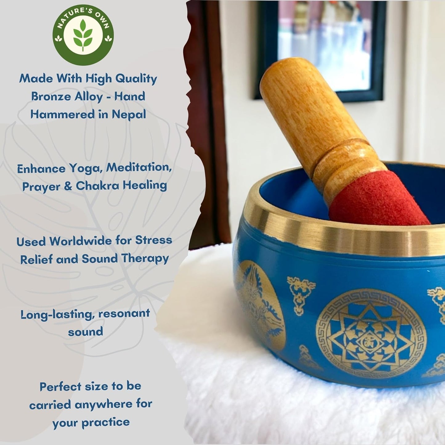 Nature's Own Tibetan Singing Bowl Set- Easy to Play- Meditation Sound Bowl Handcrafted in Nepal for Yoga, Mindfulness, Chakra Healing, Stress Relief- Spiritual Gifts for Women and Men (3.5 Inch, Blue)